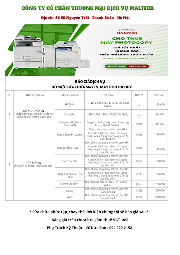 Báo giá dịch vụ sửa chữa, đổ mực máy in, máy photocopy